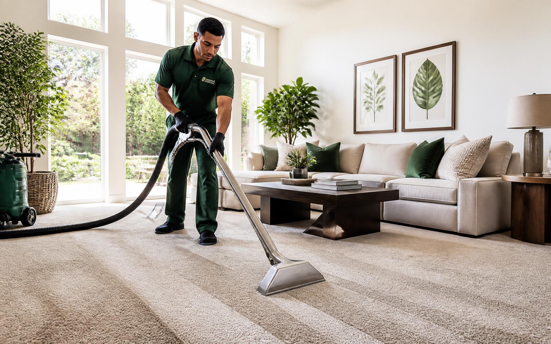Technician deep cleaning a living room carpet with professional extraction equipment