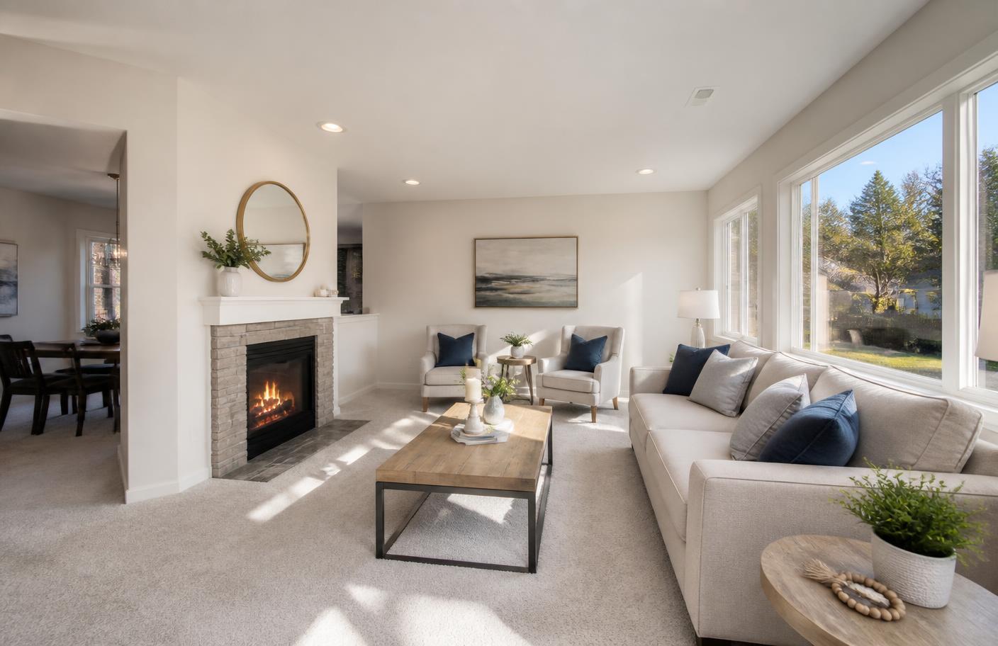 Clean, bright residential living room with freshly cleaned carpet